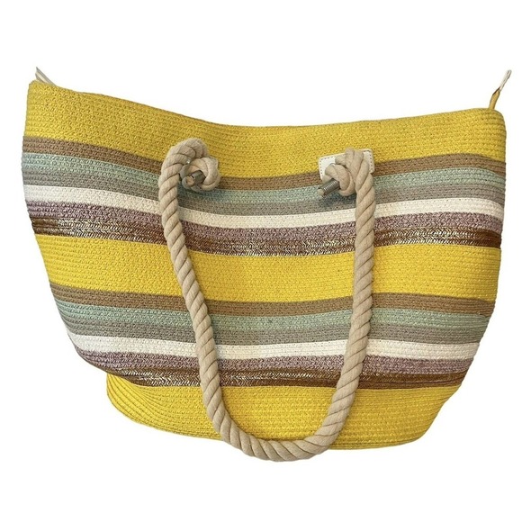 Paper Straw Tote Bag Yellow Multi Striped Zip Closure Medium Rope Handle… - Picture 2 of 9